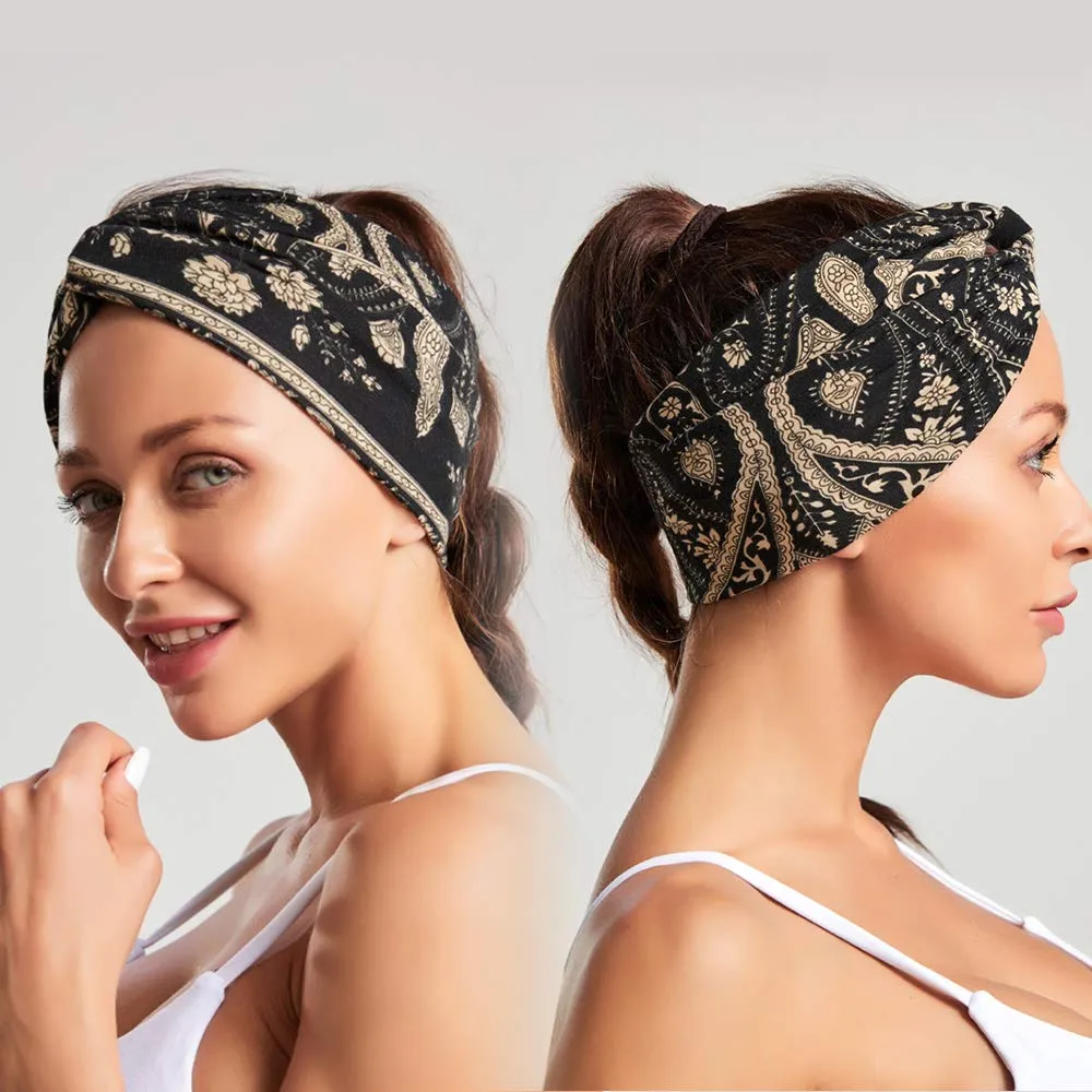 Women's Bandana Print Head bands Wide Bandana Headwraps Twist Turban Knot Sweatbands Boho Headbands Sports Head Scarfs Yoga Hair Band (5 Pack Retro Flower)