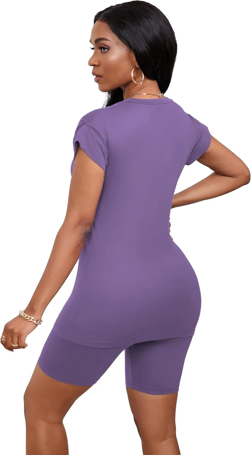 Women's Summer 2 Piece Outfits Tracksuits Biker Short Workout Jogger Sets