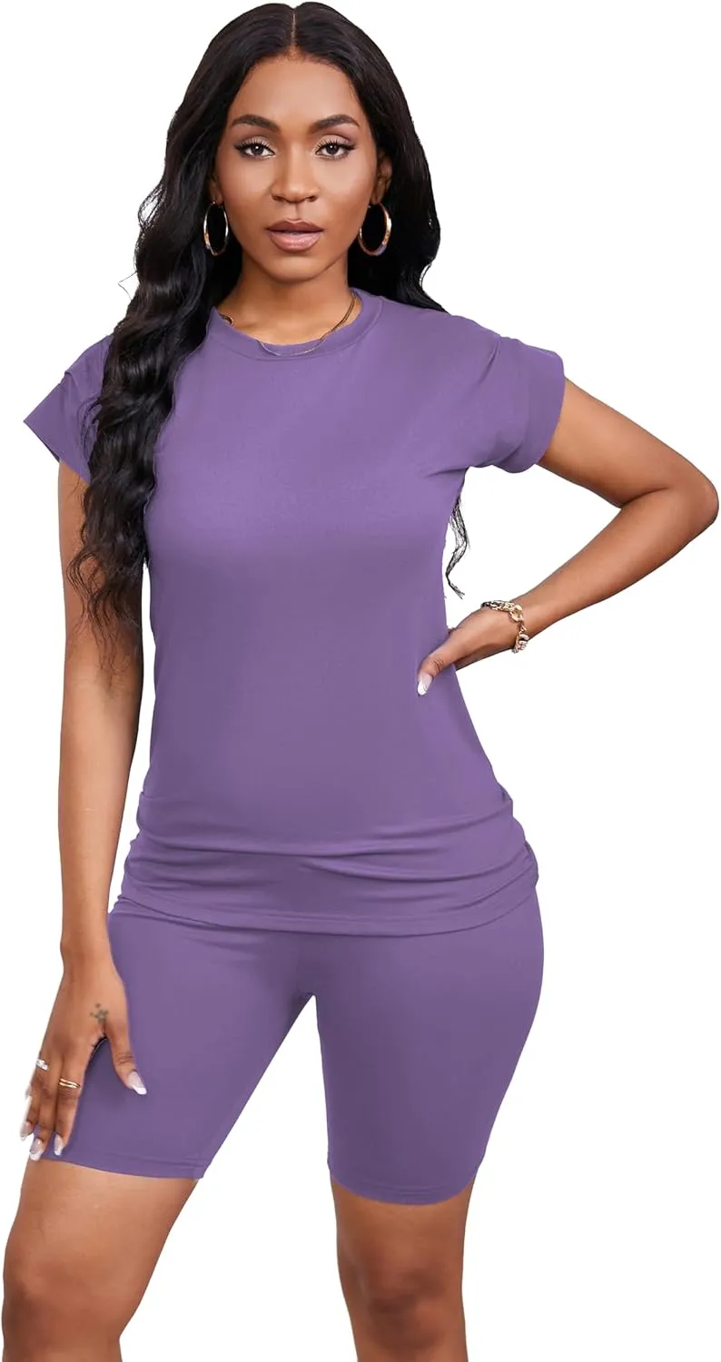 Women's Summer 2 Piece Outfits Tracksuits Biker Short Workout Jogger Sets